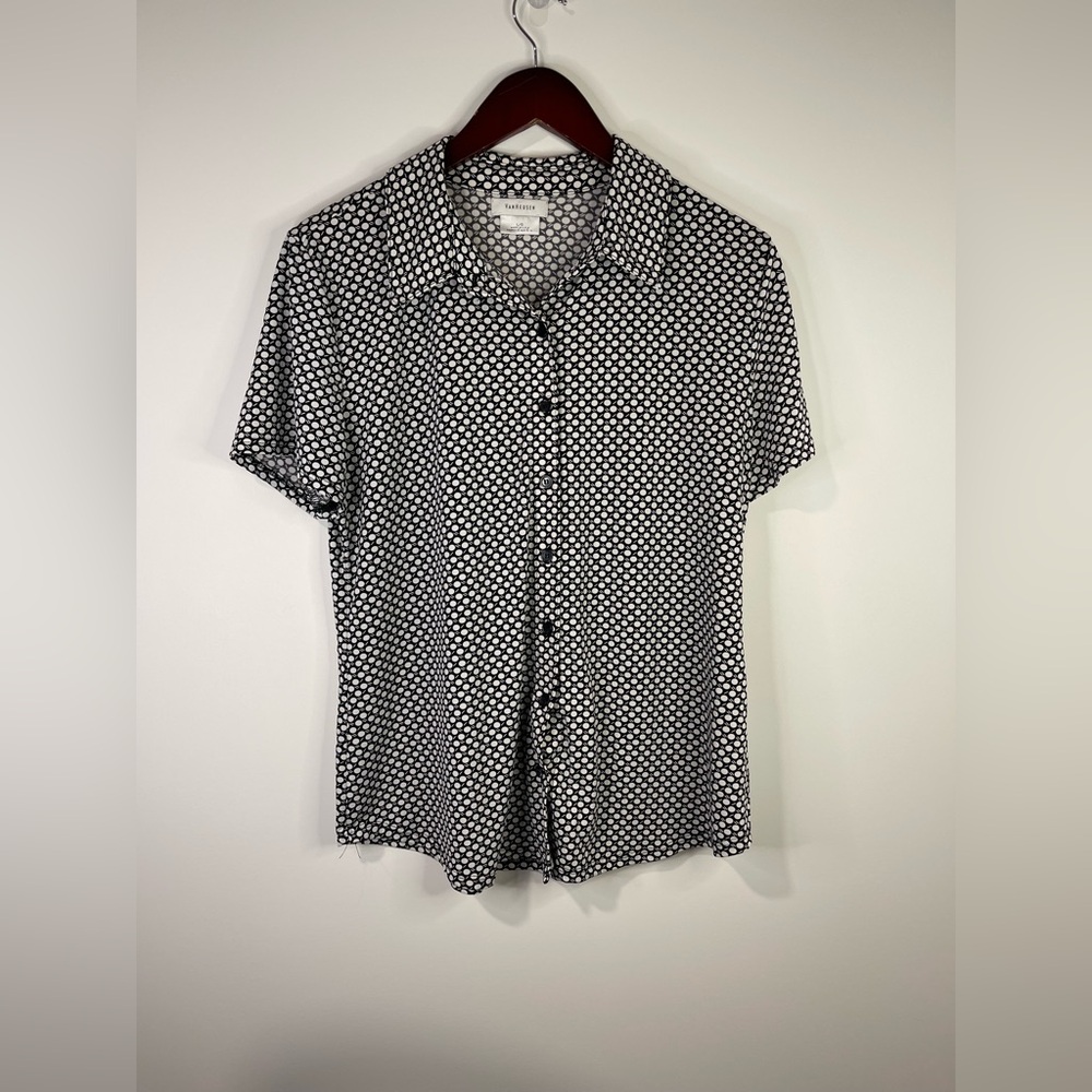 Van Heusen Black and White Polka Dot Short-Sleeve Button-Down blouse.